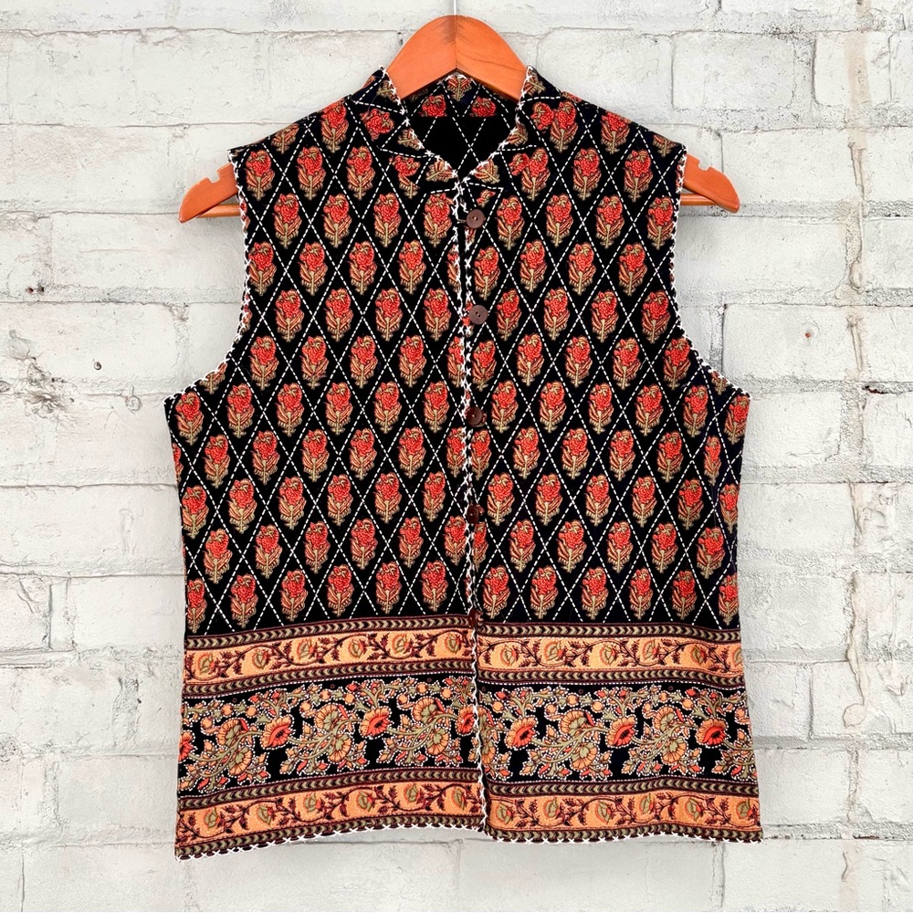 Vintage Boho Floral Vest - Folk Art Tapestry Style Reversible Button Down Vest